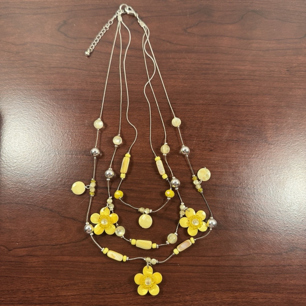 Yellow Beaded Floral Silver Tone Triple Strand 16” Necklace With 2” Extender